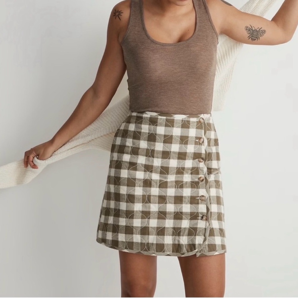 Madewell Green White Gingham‎ Quilted Button Front Wrap Mini Skirt Size 12